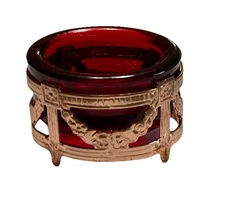 Vintage Oval Ruby Red Glass Open Salt Dip In Metal Frame