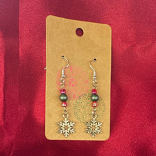 Silver Tone Snowflake Dangle Hook Earrings Red Green Beads Christmas