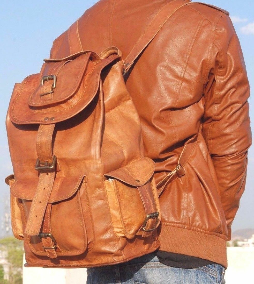 Vintage Brown Genuine Leather Mens Laptop Backpack Satchel Rucksack