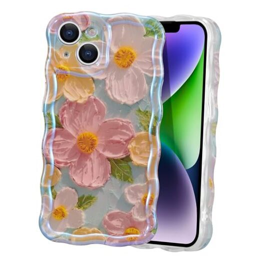 Case for Colorful Retro Oil Painting Printed Flower Laser Beam iPhone 13 Green