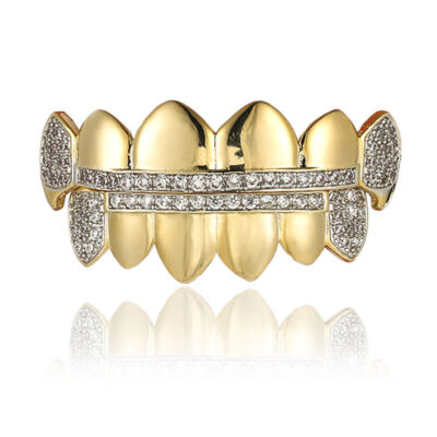 Men 6 Teeth Grillz Golden Mouth Top Bottom Full Iced Hip Hop CZ