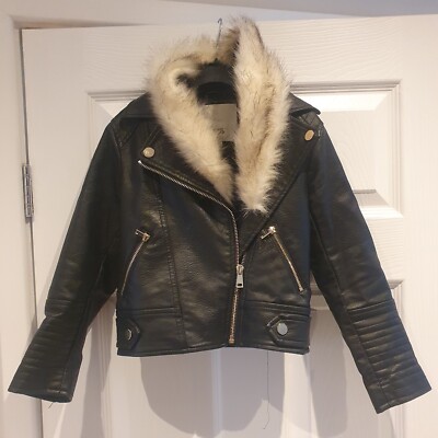 River Island Girls Leather Jacket with Faux Fur Long Detachable