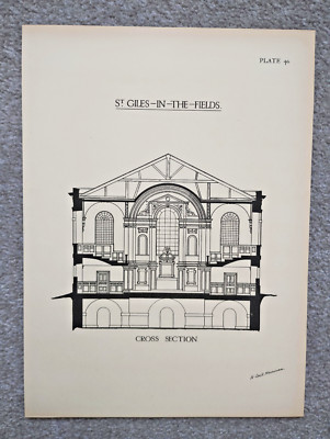 Querschnitt der Kirche St. Giles in the Fields, London - antiker Druck - 1914