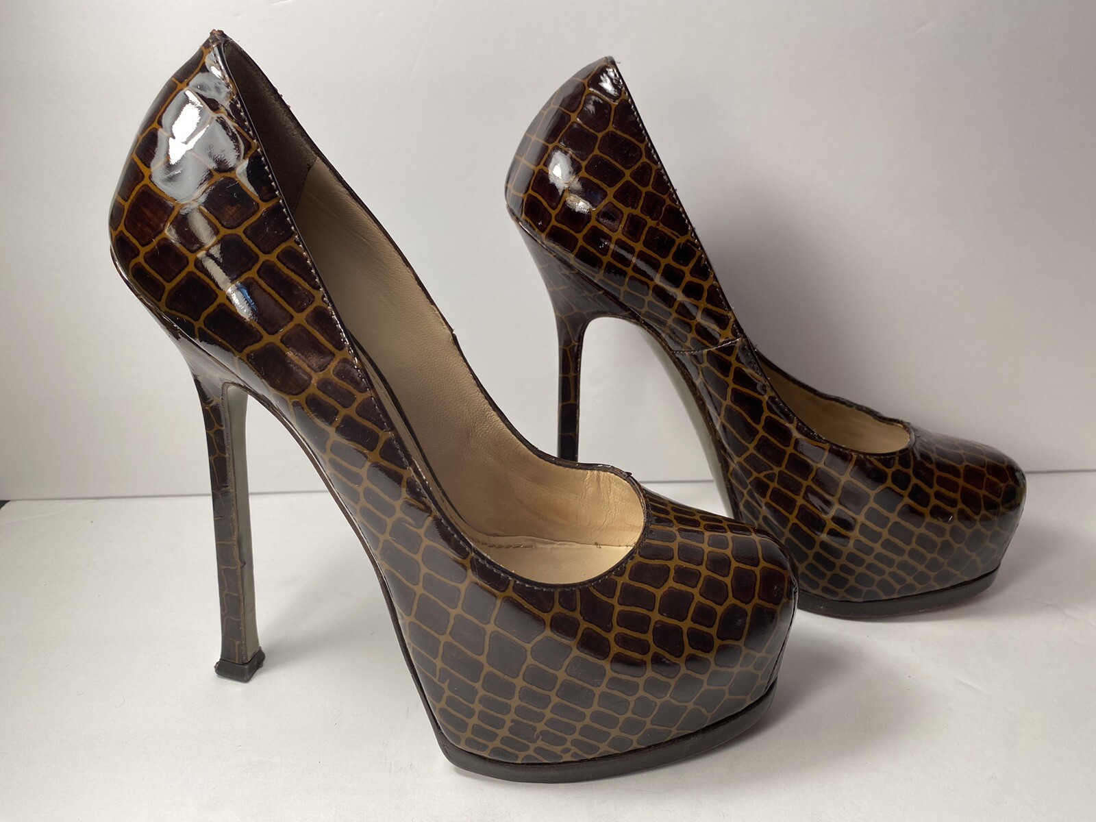 YSL Yves Saint Laurent tribtoo Patent décolleté tacco marrone coccodrillo 36 5 6 5 $795