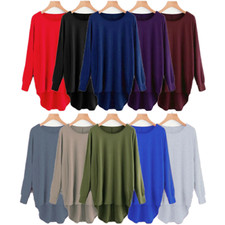Womens Plain Oversized Long Sleeve Batwing Dip Hem Baggy Ladies loose Top Plus