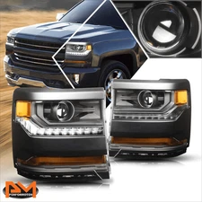 For 16-19 Chevy Silverado 1500 LED Strip Projector Headlight/Lamp Black/Amber