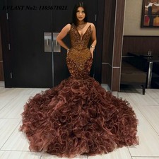 Shiny Brown Prom Dress For Black Girls Ruffles Crystal Beaded Mermaid Party Gown