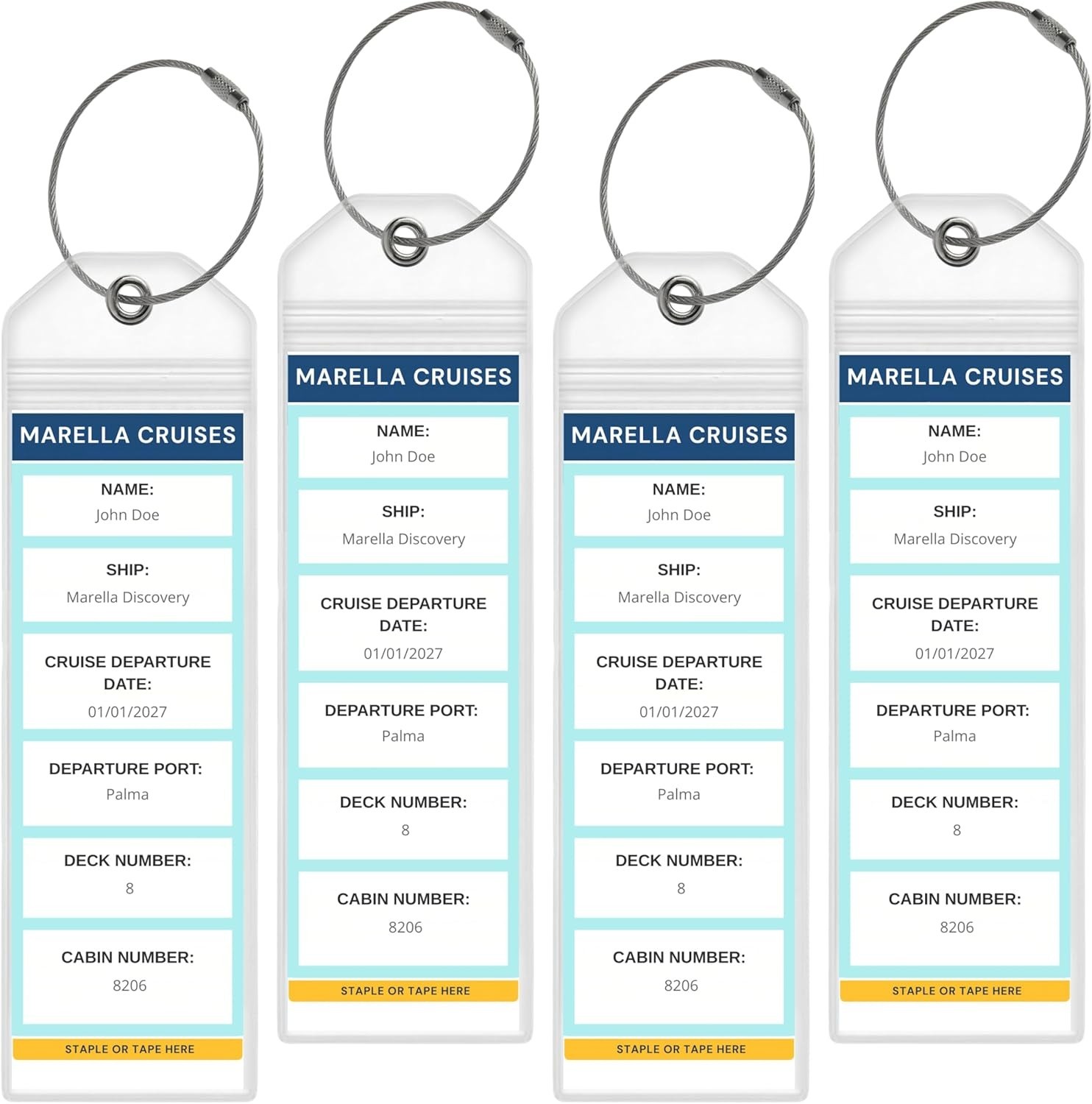 Cruise Luggage Tag Holders for Marella Tui, Waterproof, Pack of 4, Steel Loops