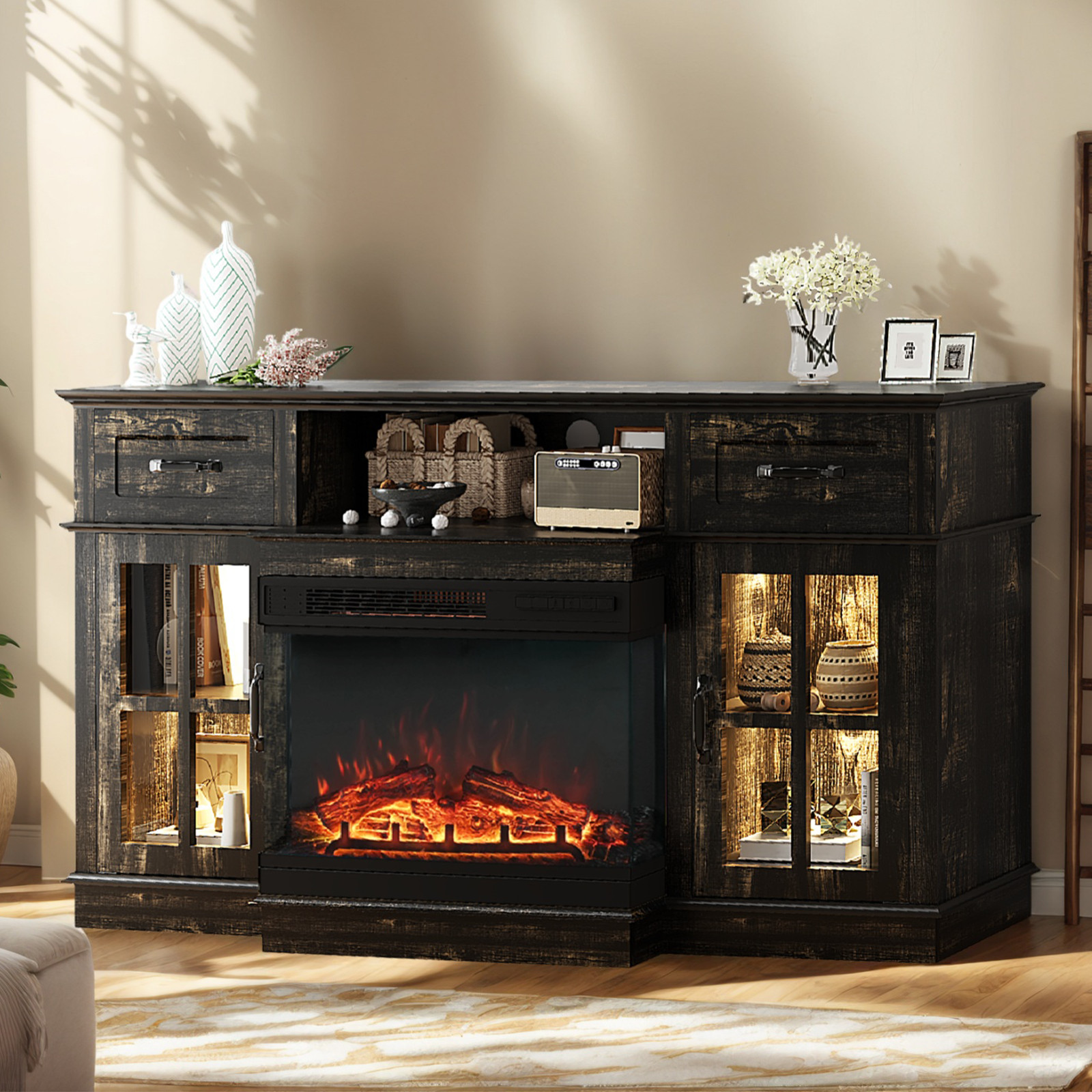 58" Black Gold Oak Electric Fireplace TV Stand,2 Doors 2 Dra