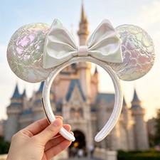 Disney- Parks Loungefly Icon Quilted Iridescent White Minnie Ears Bow Headband