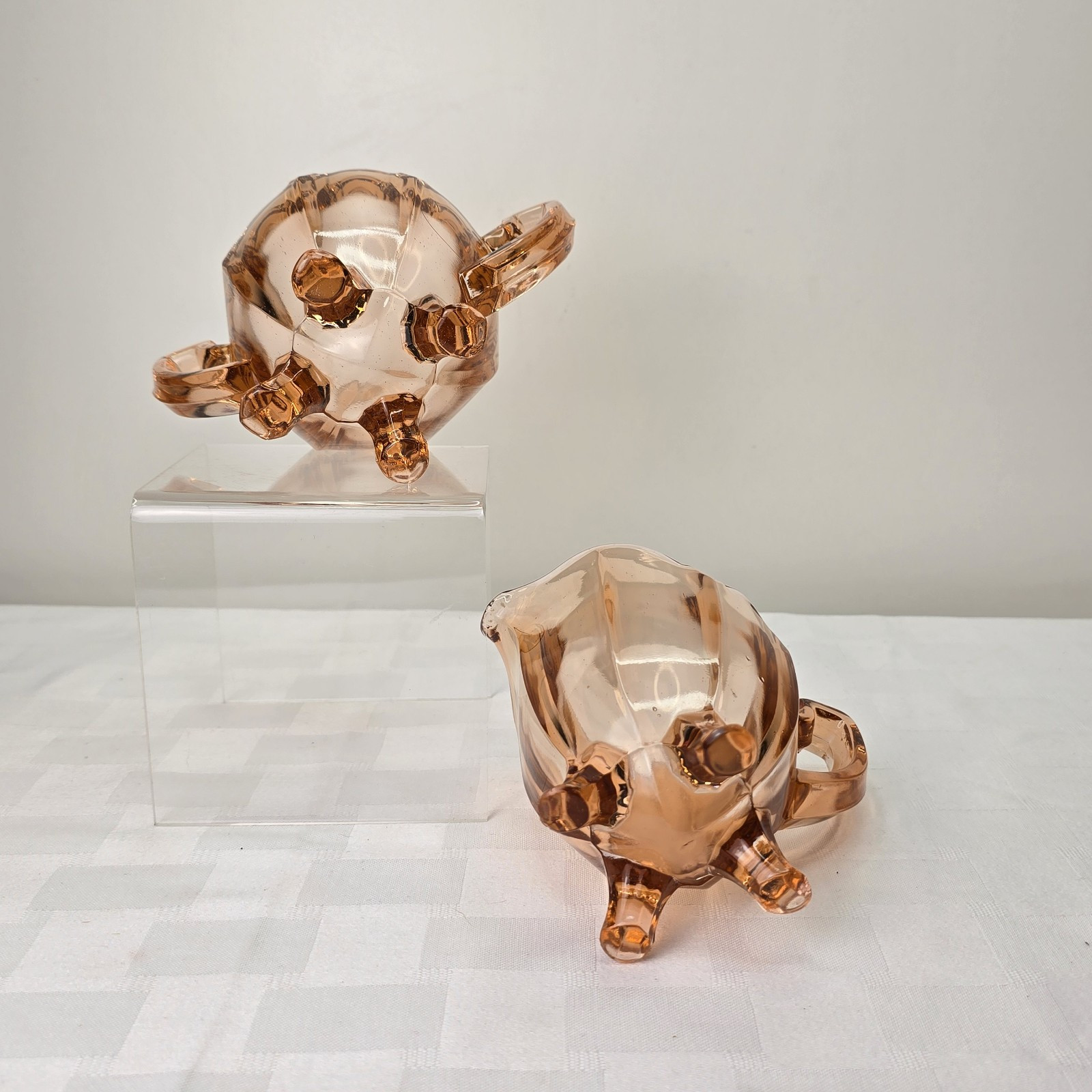 Vintage Indiana Glass Footed Creamer & Open Sugar, Peach/Pinkish Color Set of 2