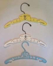 Vintage 70's Plastic Baby Clothes Hangers LOT OF 3 Yellow Blue White 10" Trains