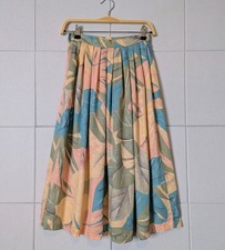 Vintage 80s Tropical Pastel Pleated A-Line Midi Skirt Abstract Leaf Print XS S