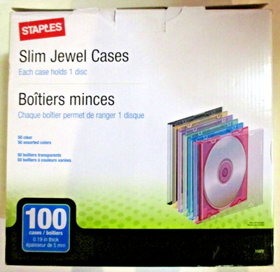 Staples Slim Jewel CD/DVD Cases 100/Pack New In BOX 50 Clear/Black & 50 Colors