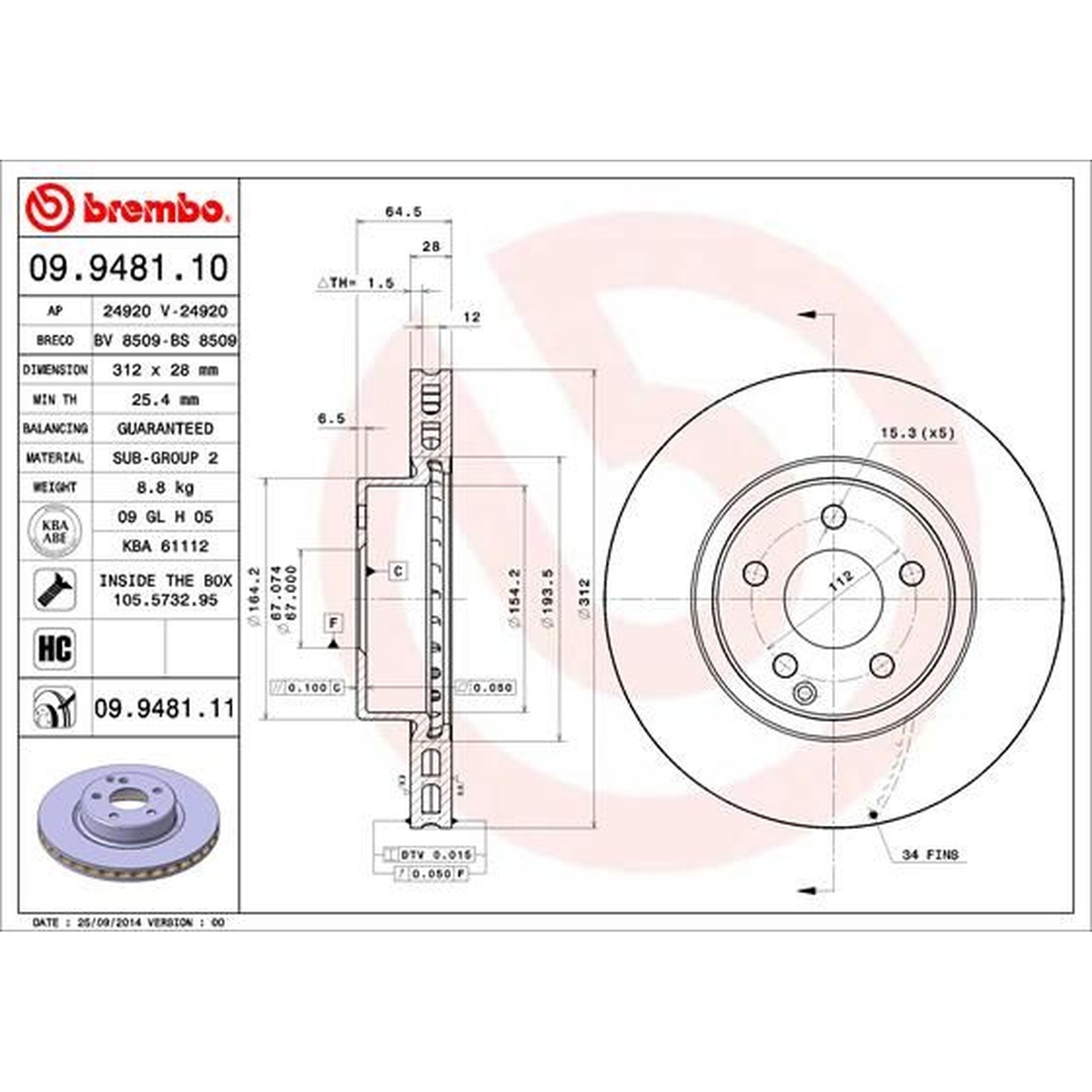 09.9481.11 Brake Disc x2 Front Coated Fits Mercedes CLS E-Class T-Model Brembo - Image 3