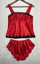 VTG Victorias Secret Gold Label Red Satin Cami High Cut Shorts Sleep Set Size M