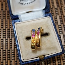 925 Sterling Silver Earrings, Natural Multicoloured Sapphire J Hoops, Gold Over 