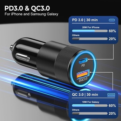 12V USB C Car Phone Fast Charger Plug 38W PD/QC USB A Adapter Cigarette Lighter