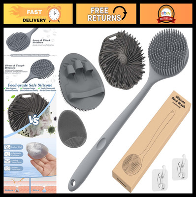 4 PCS Silicone Back Scrubber & Bath Glove Set, Exfoliating Body Brush + Hooks