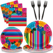 96 PCS Mexican Fiesta Plates Napkins Floral Stripes Paper Dinnerware Serve 24