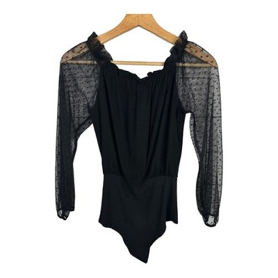 Tezenis Womens size Small Sheer Black Long Sleeve Swiss Dot Bodysuit