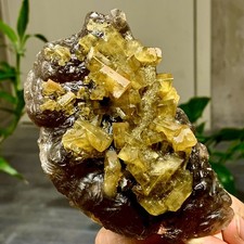 400G Shiny Golden Cuboid Barite Crystal Based on the Purple Spherical Fluorite