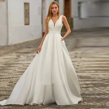 Elegant V Neck Wedding Dresses Sleeveless Pleat Satin Sweep Train Bridal Gowns