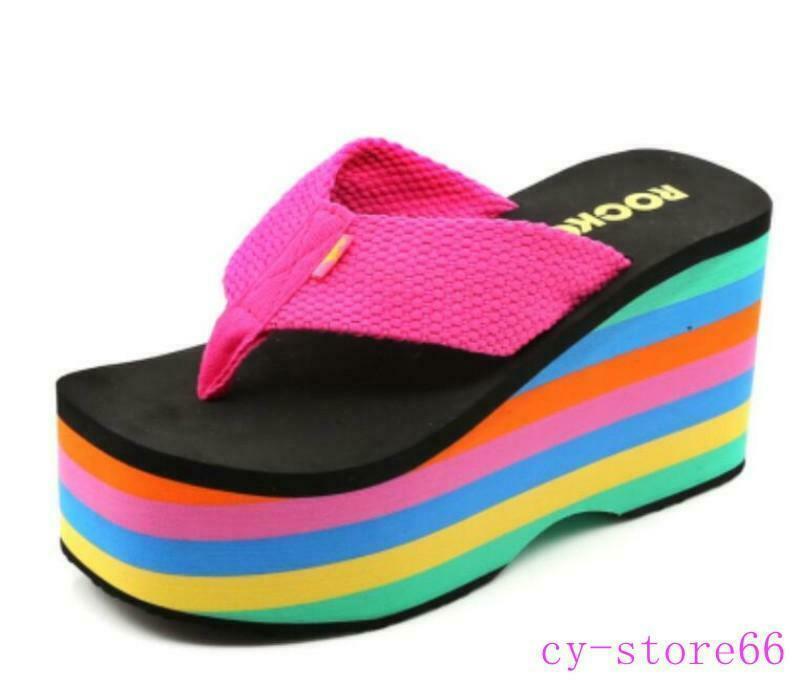 Women's Rainbow Wedge Platform Flip Flops Beach Sandals Pumps-image