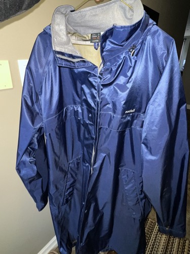 Mont-bell, VINTAGE MONT-BELL DARK BLUE NAVY HOODED LONG NYLON RAIN JACKET LARGE GORE-TEX