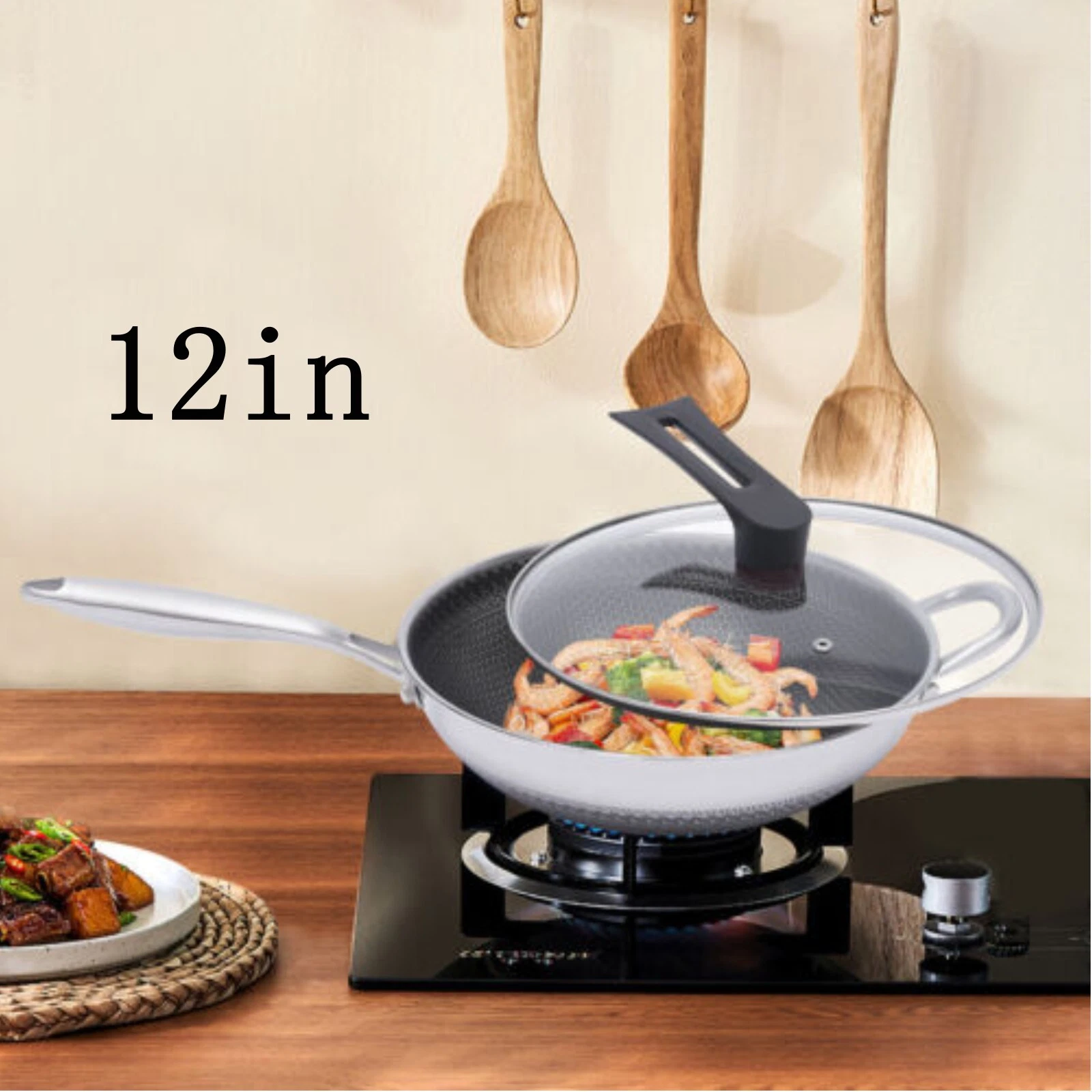 Non Stick Double Sided Honeycomb Cooking Frying Wok Pan with Lid Stainless Steel