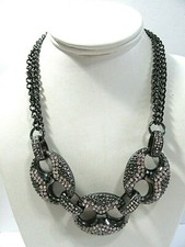 STATEMENT STYLE PINK WHITE RHINESTONE BLACKENED METAL NECKLACE OPEN LINKS