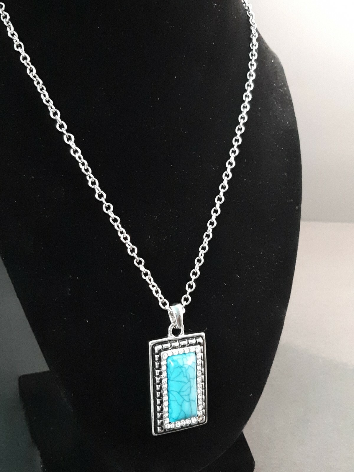 Silver Tone Necklace Rectangular Pendant Turquois… - image 1