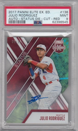 2017 PANINI ELITE JULIO RODRIGUEZ RED DIE CUT ROOKIE AUTO #D35 PSA 9 MINT POP 3