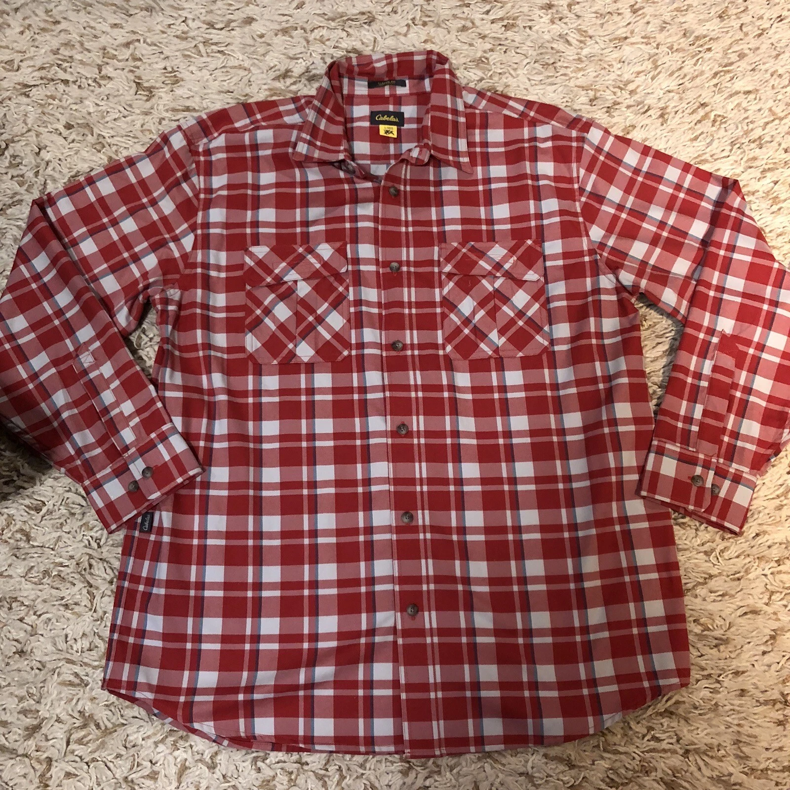 NWT Cabela’s Flannel Tech Plaid Button Down Red White Strip Shirt Large