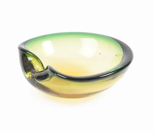 Murano Sommerso Glass Bowl Italy Green Amber Small Jewelry Dish Italian Vintage