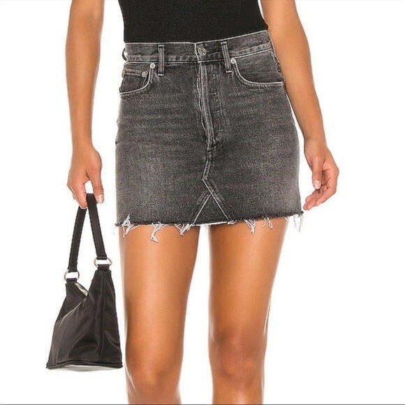 AGOLDE Quinn High Rise Distressed Mini Skirt Black/Gray Raw Hem