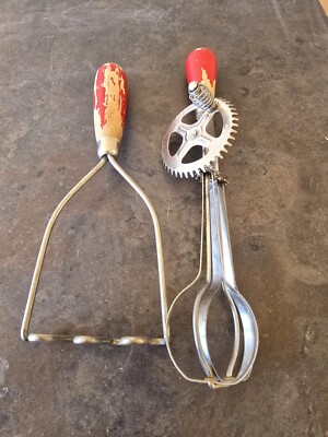 Vtg A&J Beater Masher Lot Red Wooden Handles Rotary Hand Crank Turn Retro Set