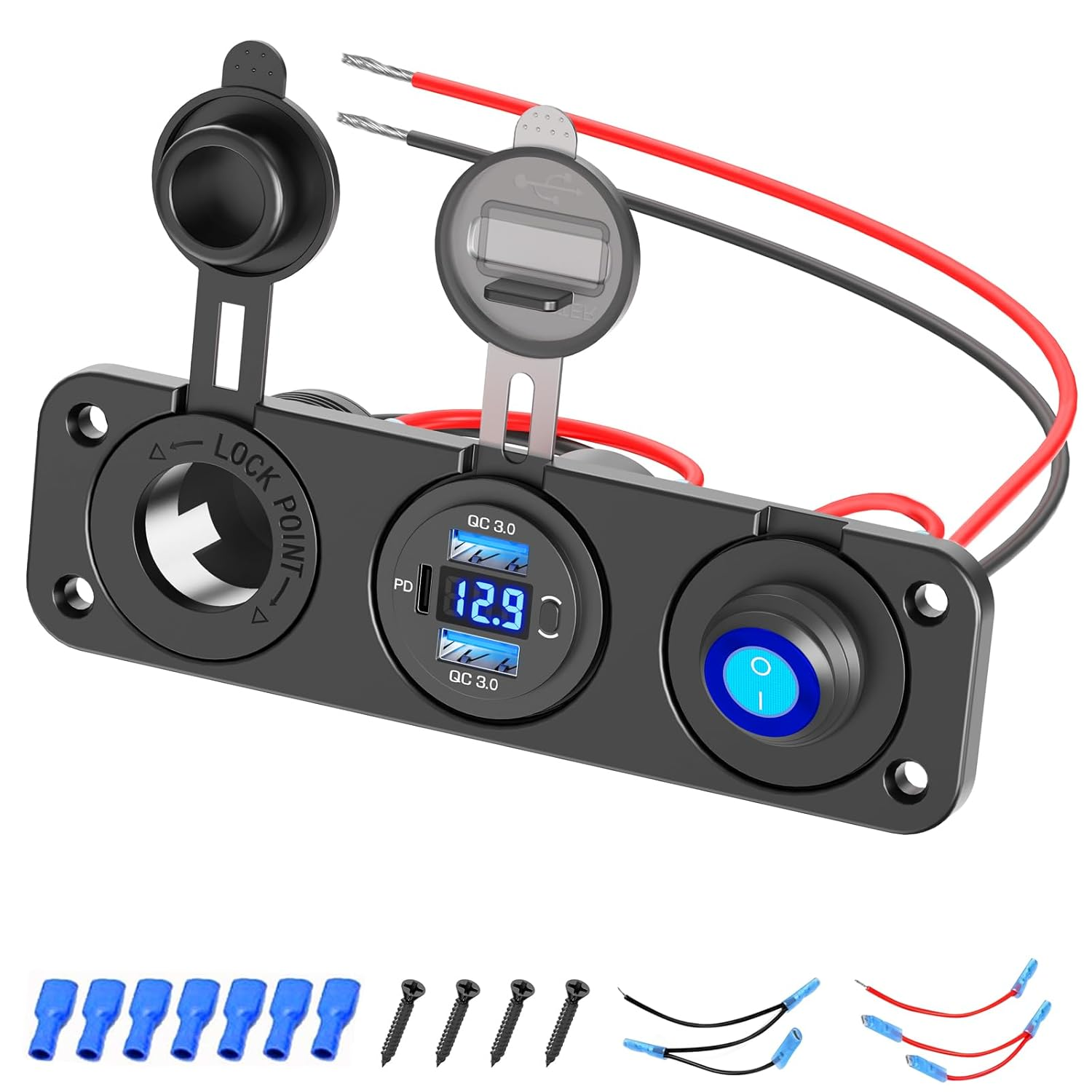 12V 3-in-1 Dual QC3.0 PD3.0 USB C Car Charger Outlet Panel