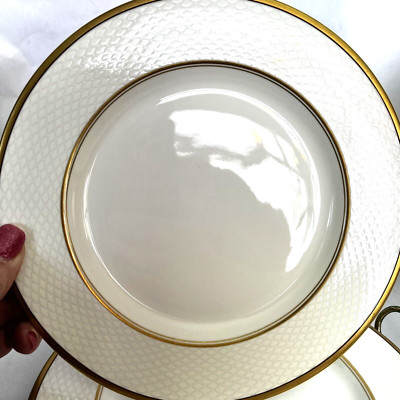 New! Christofle Messidor Dinner Plates 10.5D Bone China Embossed Rim w/Gold Trim