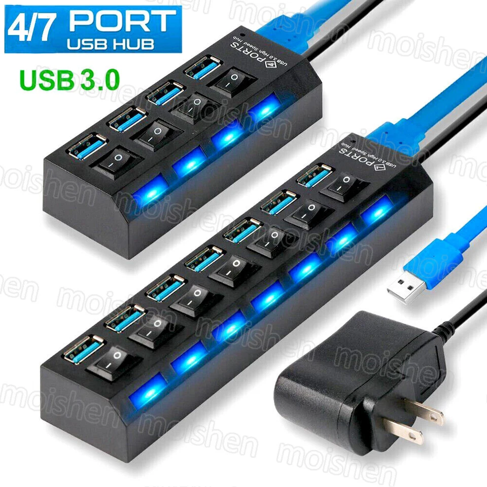 USB 3.0 Hub 4/7 Port Splitter Adapter Verteiler mit Netzteil Schalter PCLaptop - Bild 2 von 4