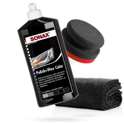 Politur Auto SONAX Polish+Wax Color schwarz 500ml + Polierschwamm + Mikrofaser