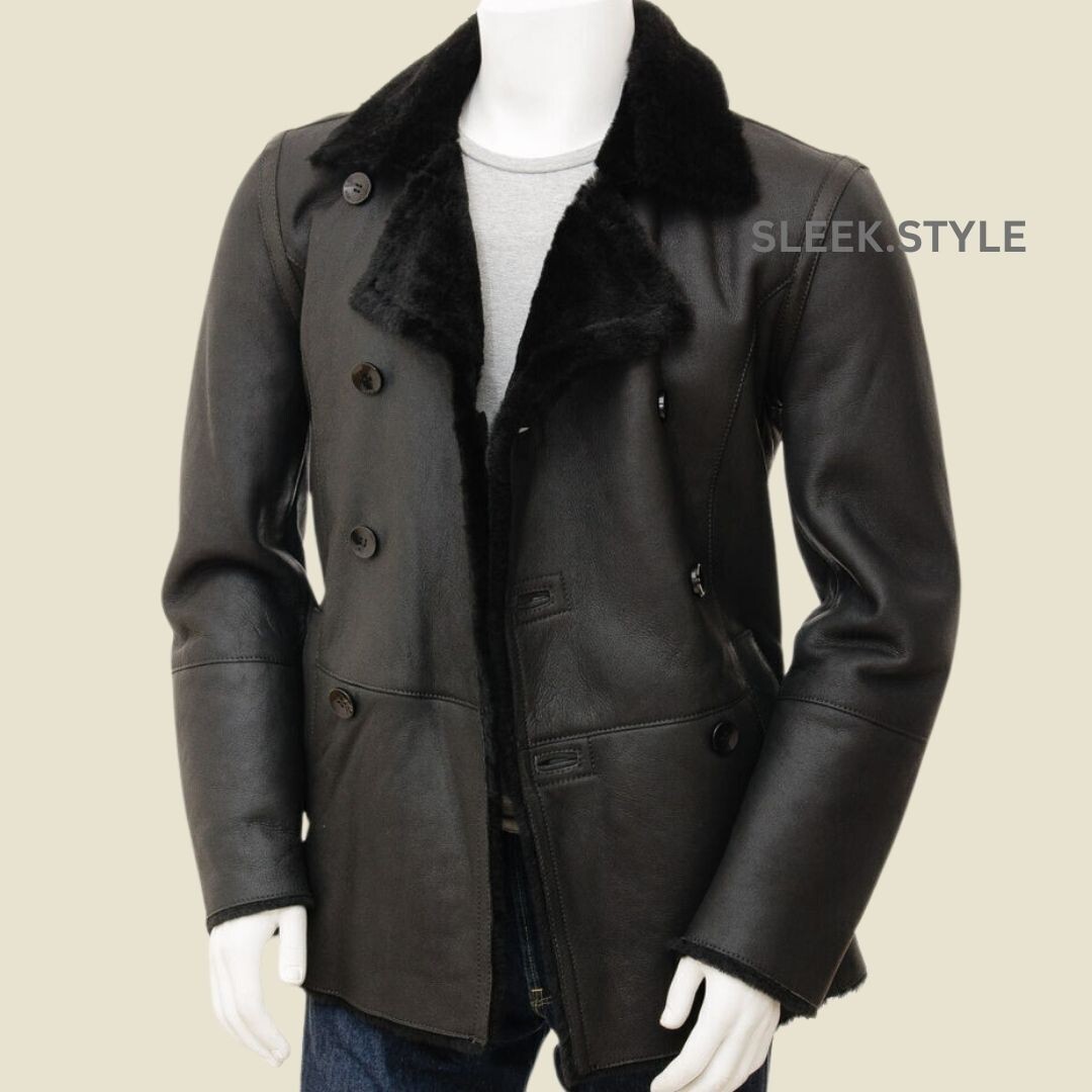 Men's Slim Fit Lambskin Leather Trench Coat with Fur Collar Winter Bomber Jacket-image