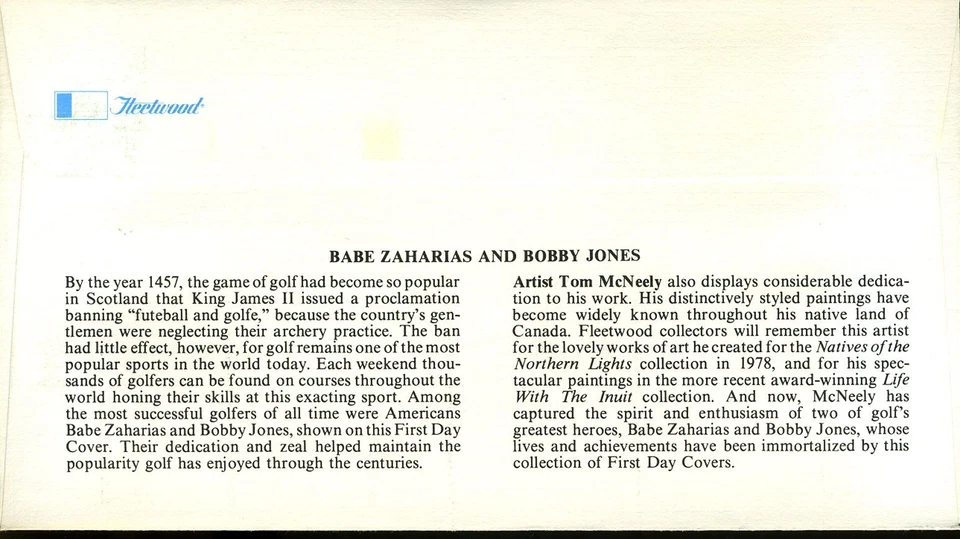 US FDC #1933 #1932 GOLF Babe Zaharias & Bobby Jones FLEETWOOD Cachet 18¢ 1981 - Image 2 of 2