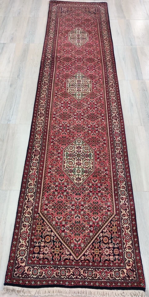 Alfombra de corredor vintage anudada a mano 100 % lana 3 x 12 medallón Bijar 80 x 350 cm Foto 3 de 4