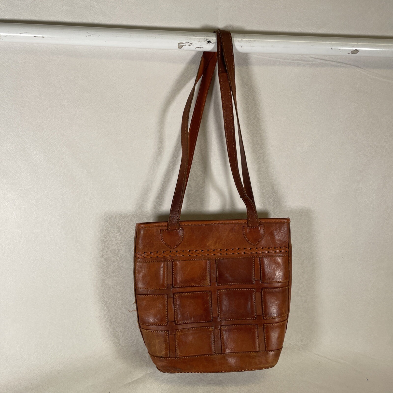 Vintage Square Patch Pattern Tan Leather Purse / … - image 2