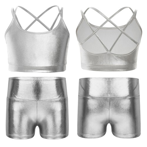 Kids Girls Hip Hop Dance Outfit Metallic Crop Top with Shiny Shorts Dancewear - Picture 28 of 36