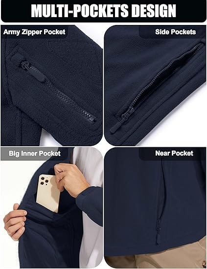 Mens Fleece Jacket Full Zip Bearskin Tactical Winter Coats Windproof Large