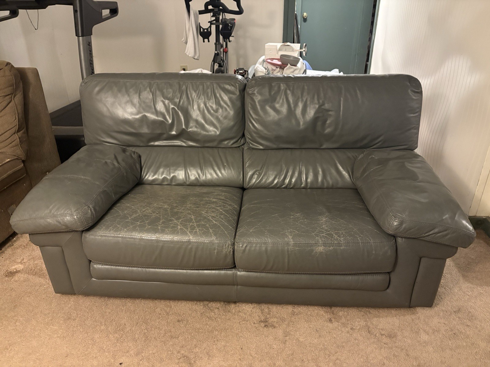Vintage Roche Bobois Gray Leather Loveseat Sofa, 31 in H, 62 in W, 32 in depth