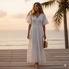 Gap Midi Dress Short Sleeve Button Front White Size: Medium Lacy Boho