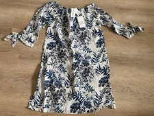 Valentina Naldi NWT Linen Off the Shoulder White and Blue Floral Dress Size S